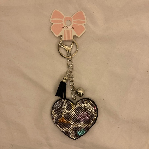 Accessories - Crystal Heart Keychain Bag Charm - Black Multicolor